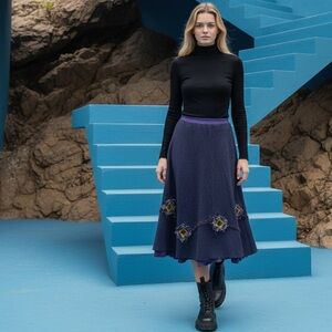 ohm blue purple wool blend midi skirt aline hem embellishment soft, boho-artsy L